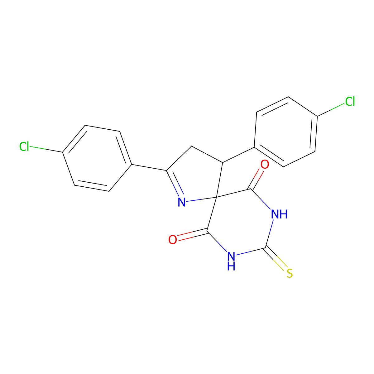 2,4-Bis(4-chlorophenyl)-8-sulfanylidene-1,7,9-triazaspiro[4.5]dec-1-ene-6,10-dione molecular structure, CAS 2377858-38-1