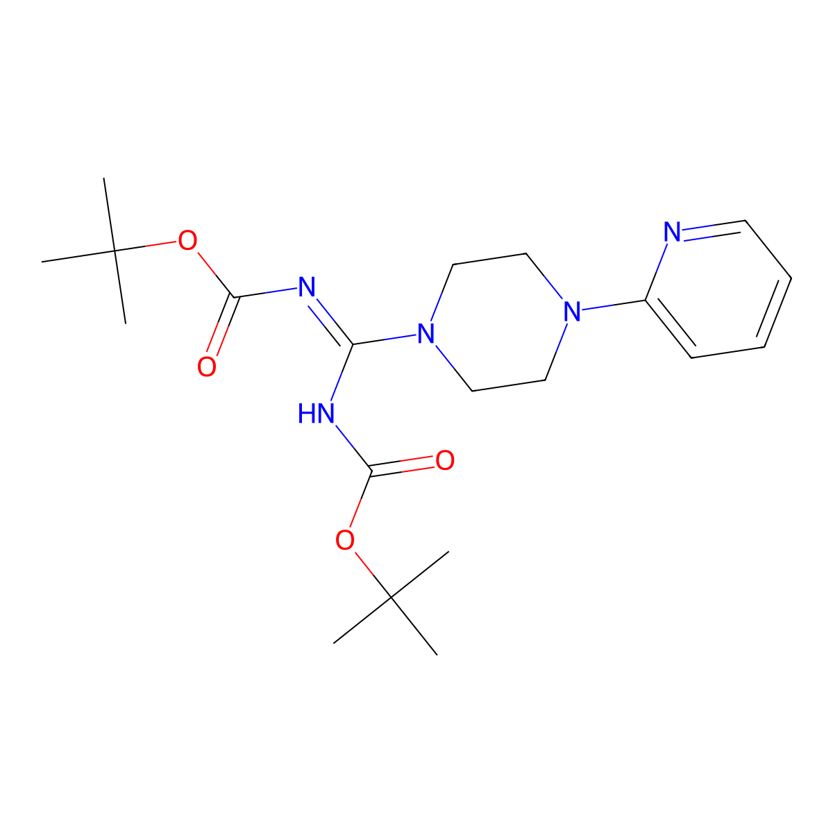 tert-Butyl N-[(1E)-{[(tert-butoxy)carbonyl]imino}[4-(pyridin-2-yl)piperazin-1-yl]methyl]carbamate molecular structure, CAS 2377922-88-6