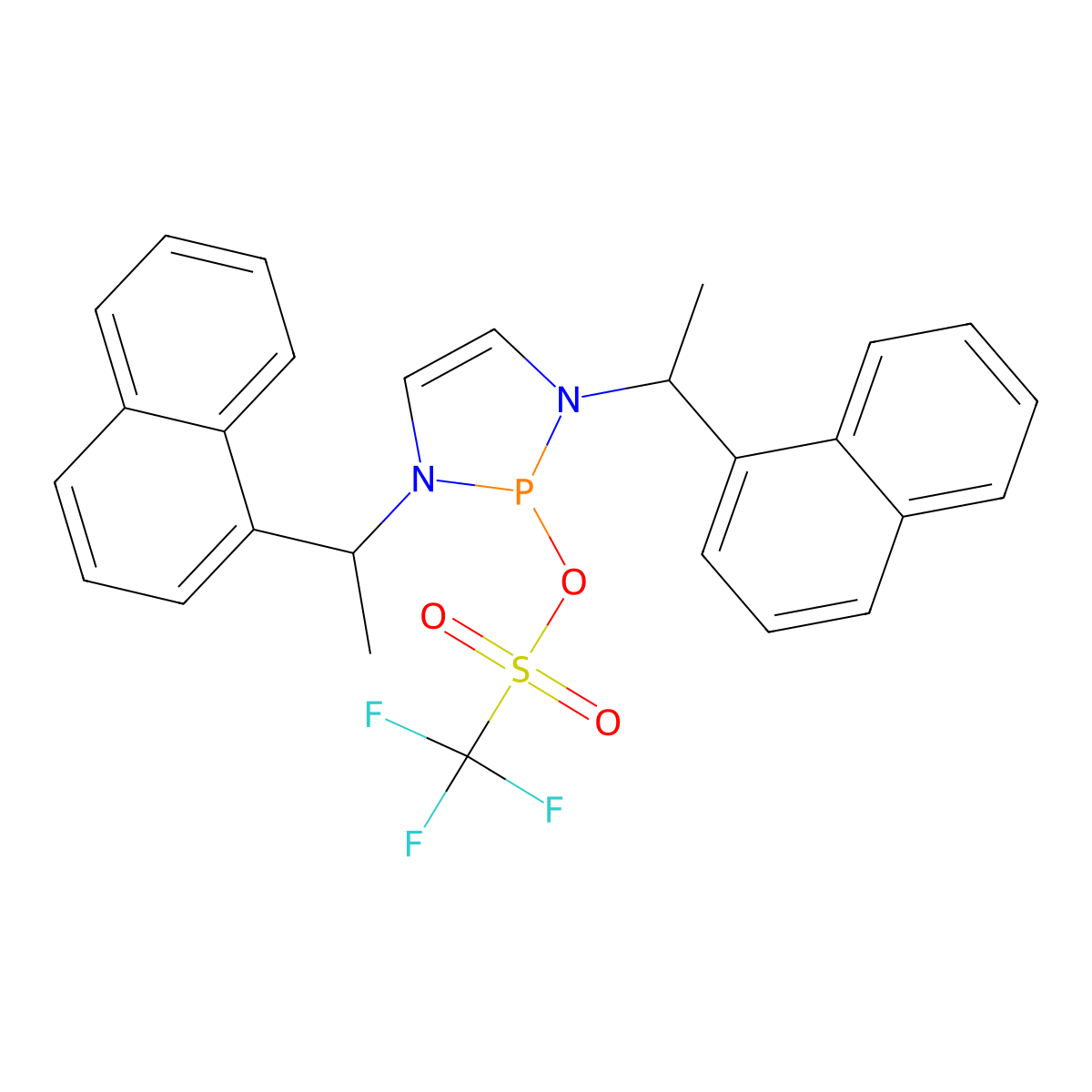 1,3-Bis[(1R)-1-(1-naphthalenyl)ethyl]-2,3-dihydro-1H-1,3,2-diazaphosphol-2-yl trifluoromethanesulfonate, min. 98% molecular structure, CAS 2377935-66-3