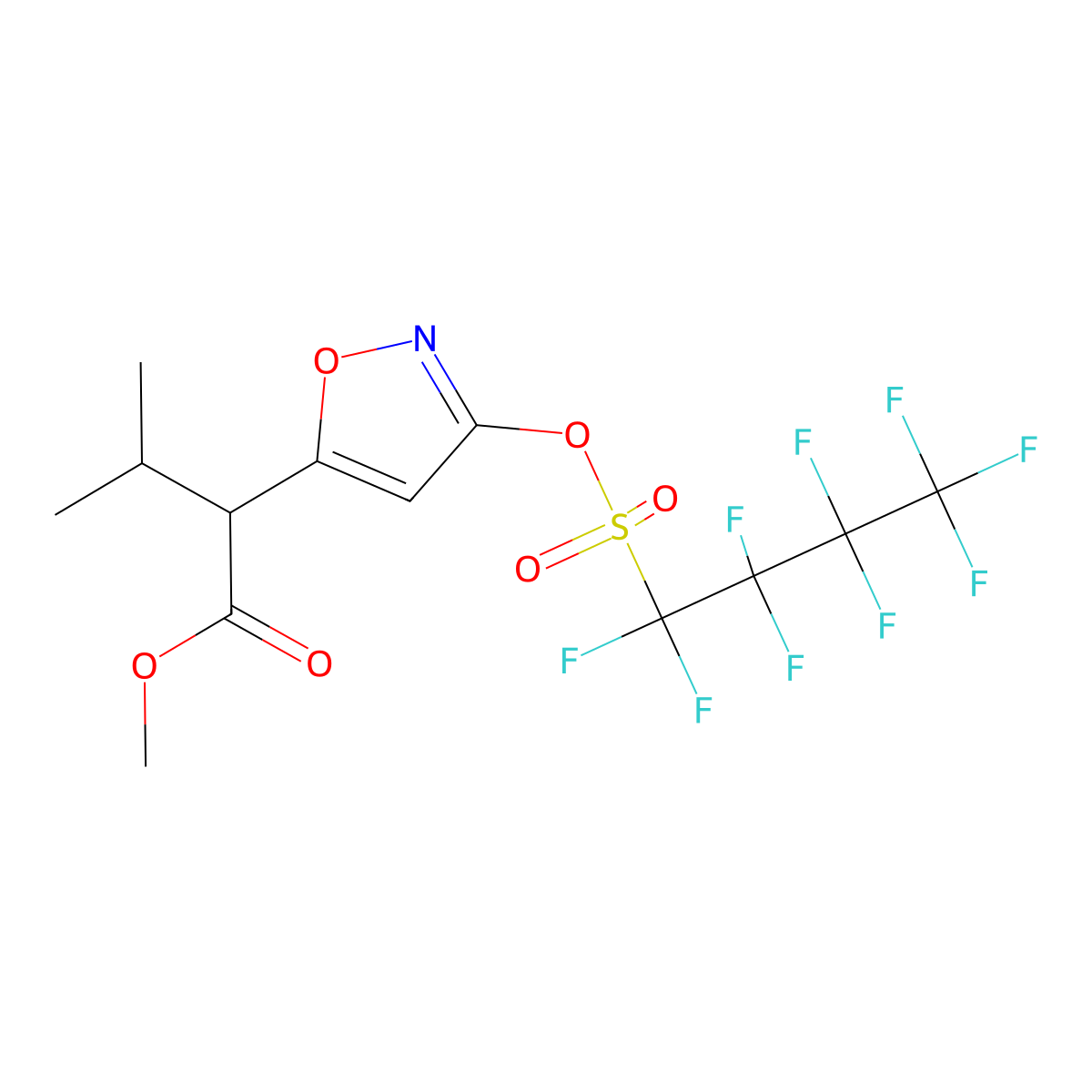 Methyl 3-methyl-2-[3-(1,1,2,2,3,3,4,4,4-nonafluorobutylsulfonyloxy)isoxazol-5-yl]butanoate molecular structure, CAS 2378053-95-1