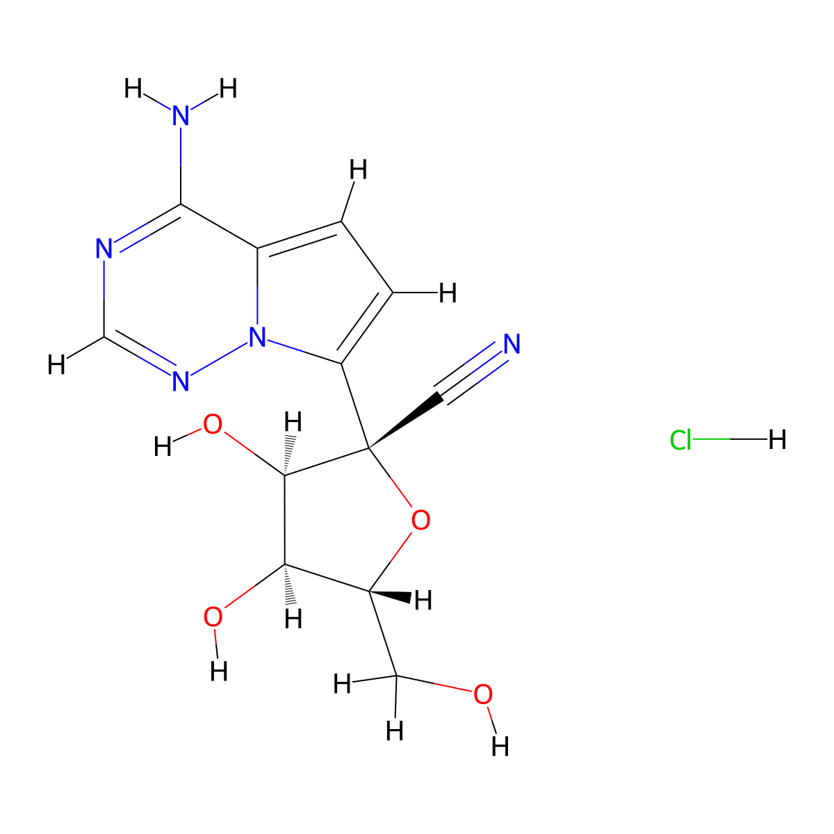 (2R,3R,4S,5R)-2-(4-aminopyrrolo[2,1-f][1,2,4]triazin-7-yl)-3,4-dihydroxy-5-(hydroxymethyl)oxolane-2-carbonitrile;hydrochloride molecular structure, CAS 2378280-82-9