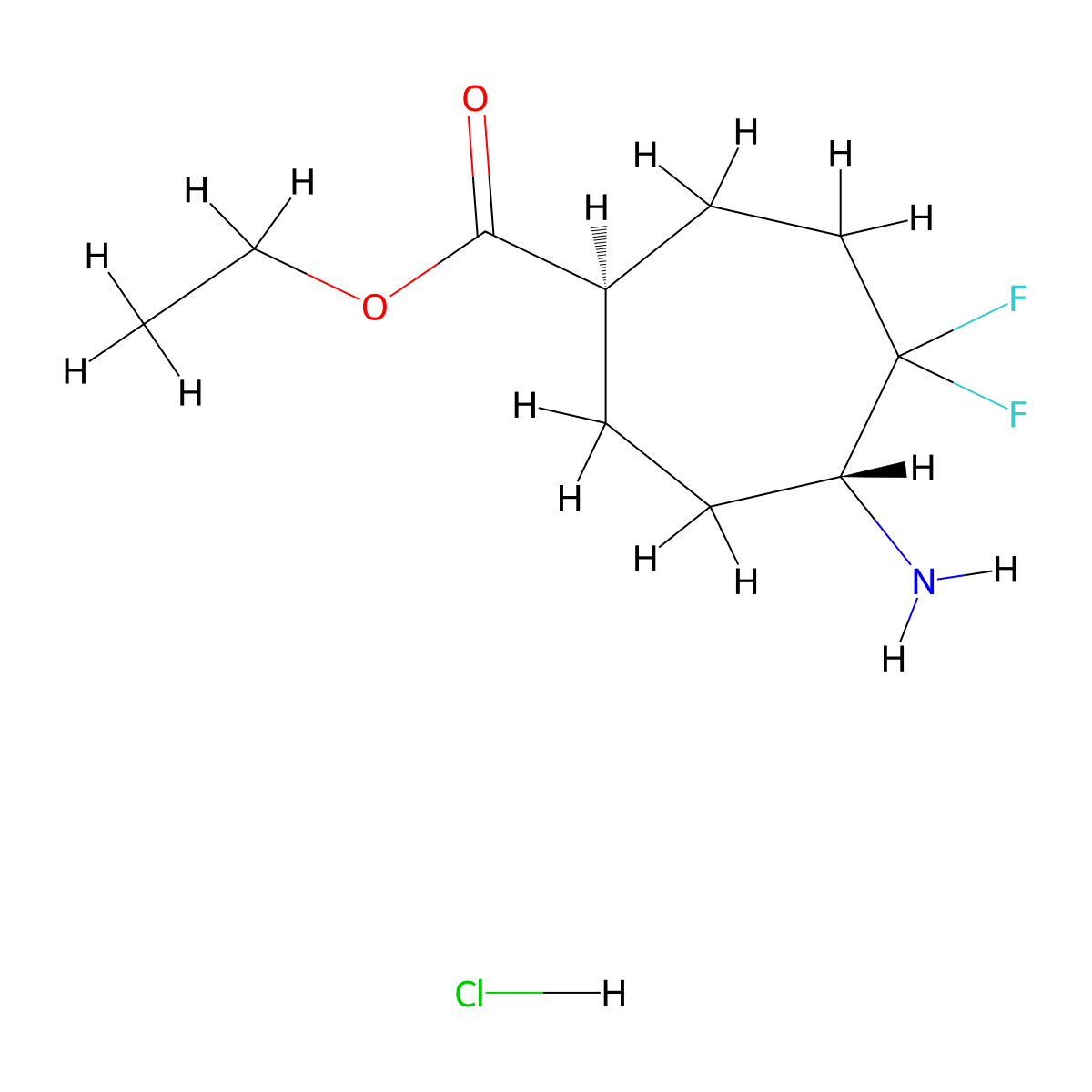 rac-ethyl(1R,5R)-5-amino-4,4-difluorocycloheptane-1-carboxylatehydrochloride,trans molecular structure, CAS 2378490-03-8