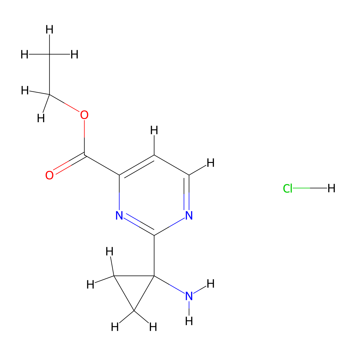 Ethyl 2-(1-aminocyclopropyl)pyrimidine-4-carboxylate hydrochloride molecular structure, CAS 2378502-67-9