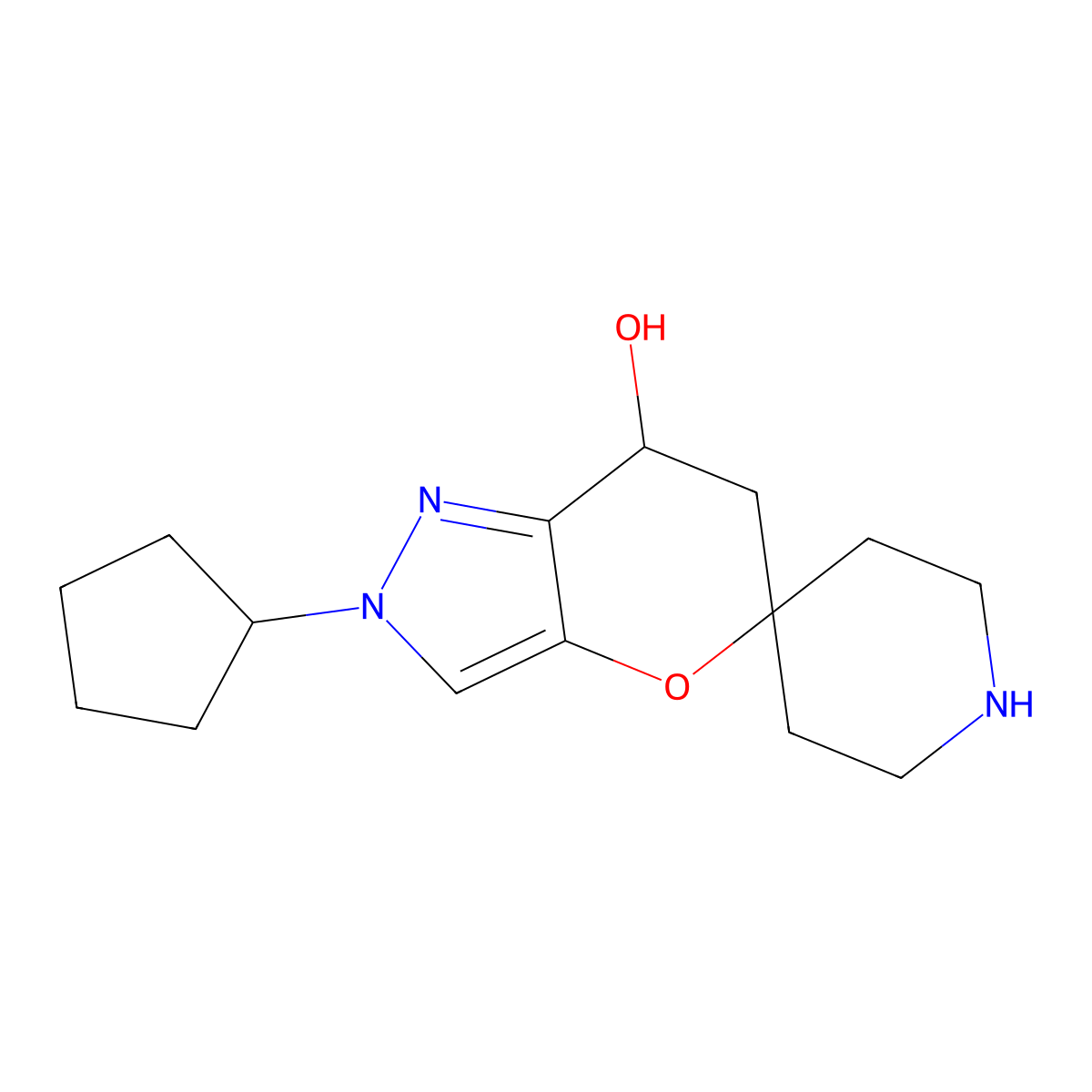 2'-cyclopentyl-6',7'-dihydro-2'H-spiro[piperidine-4,5'-pyrano[3,2-c]pyrazole]-7'-ol molecular structure, CAS 2378507-28-7