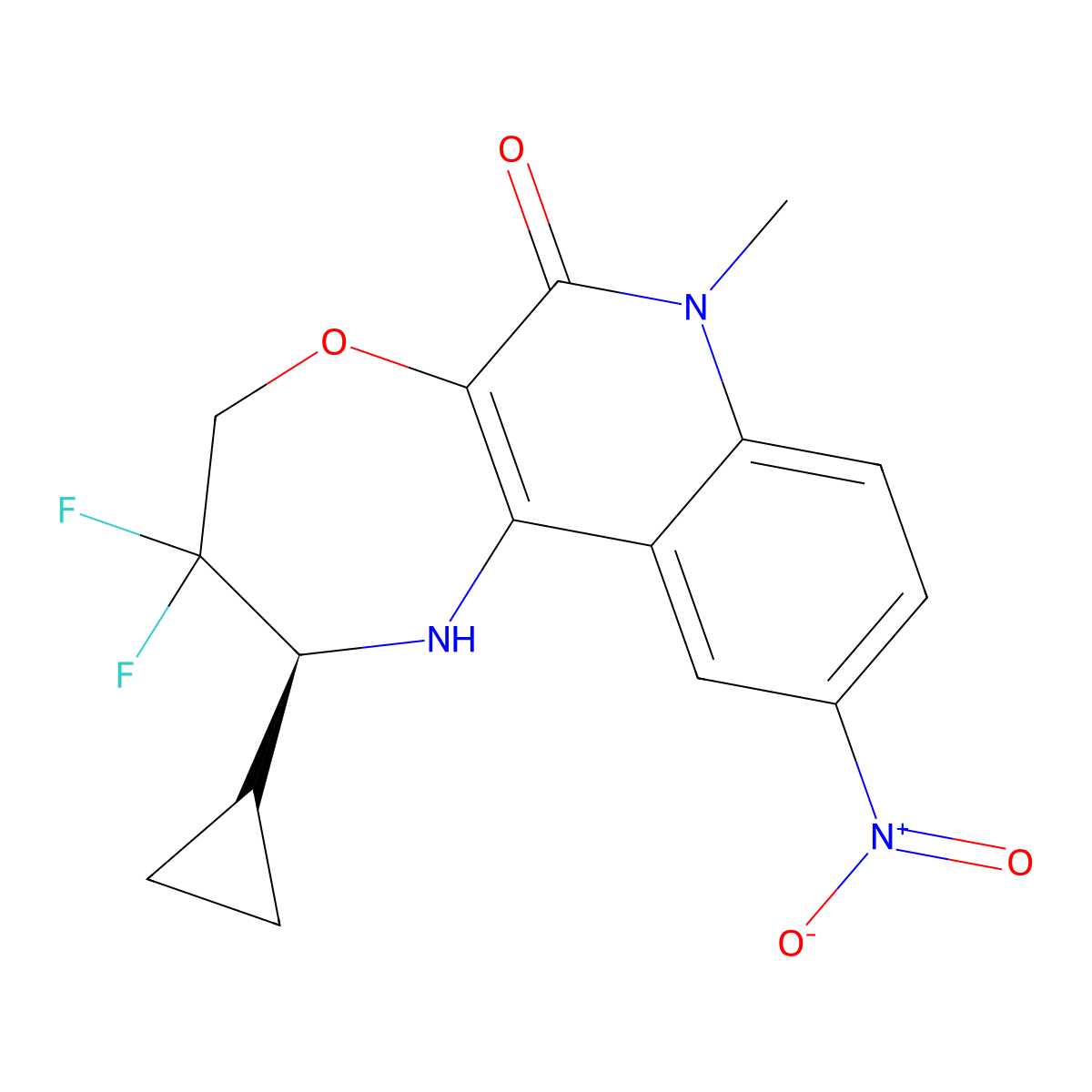 (2S)-2-Cyclopropyl-3,3-difluoro-1,2,3,4-tetrahydro-7-methyl-10-nitro[1,4]oxazepino[2,3-c]quinolin-6(7H)-one molecular structure, CAS 2378854-02-3