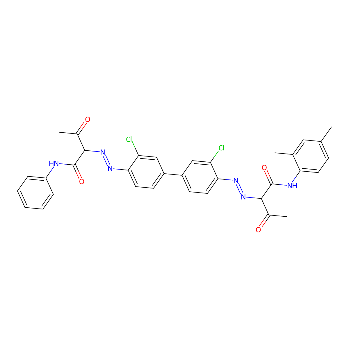Butanamide, 2-[[3,3'-dichloro-4'-[[1-[[(2,4-dimethylphenyl)amino]carbonyl]-2-oxopropyl]azo][1,1'-biphenyl]-4-yl]azo]-3-oxo-N-phenyl- molecular structure, CAS 23792-68-9