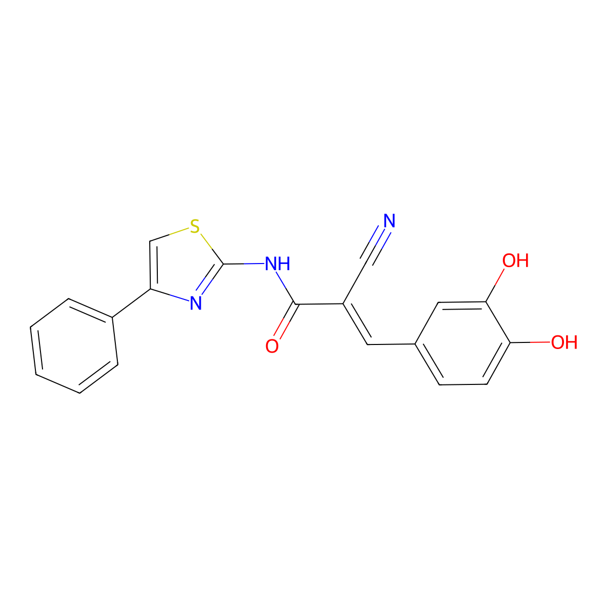 (E)-2-cyano-3-(3,4-dihydroxyphenyl)-N-(4-phenyl-1,3-thiazol-2-yl)prop-2-enamide molecular structure, CAS 2379405-61-3