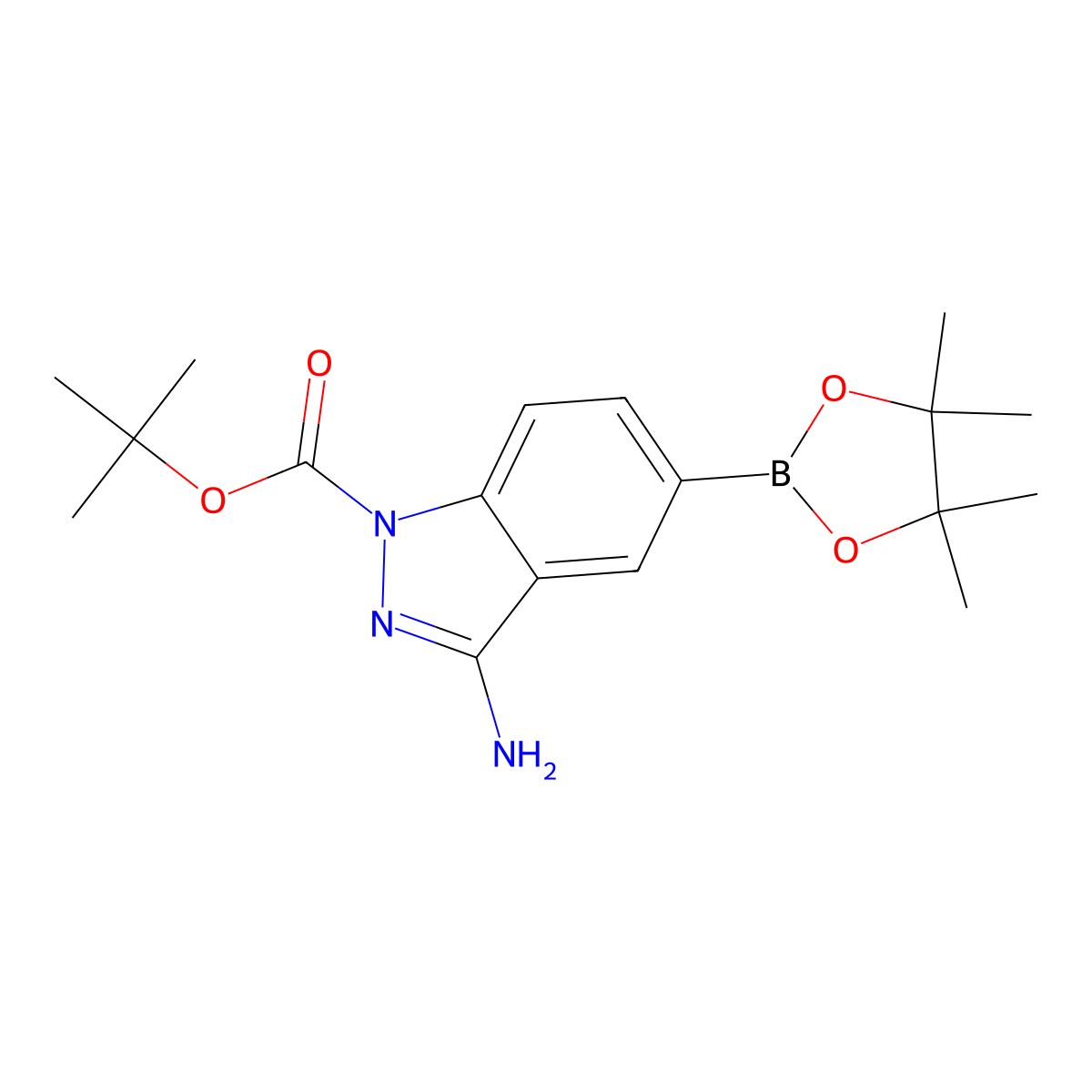 tert-butyl 3-amino-5-(4,4,5,5-tetramethyl-1,3,2-dioxaborolan-2-yl)-1H-indazole-1-carboxylate molecular structure, CAS 2379518-97-3
