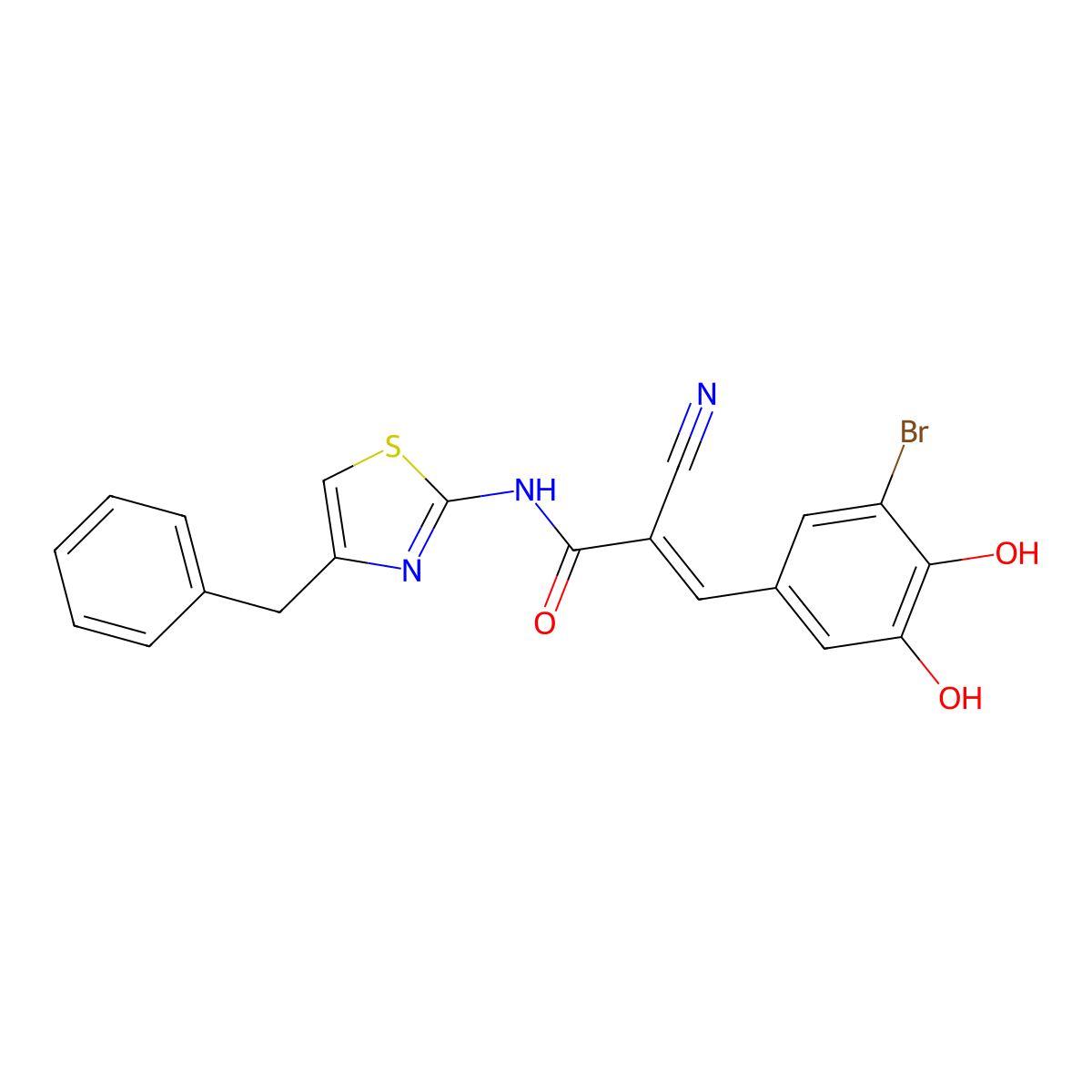 (E)-N-(4-benzyl-1,3-thiazol-2-yl)-3-(3-bromo-4,5-dihydroxyphenyl)-2-cyanoprop-2-enamide molecular structure, CAS 2379671-78-8