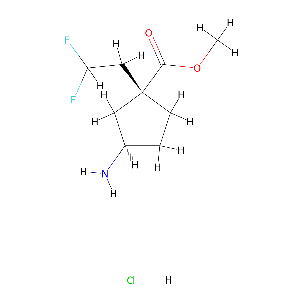 methyl (1R,3R)-3-amino-1-(2,2-difluoroethyl)cyclopentane-1-carboxylate hydrochloride molecular structure, CAS 2379695-46-0