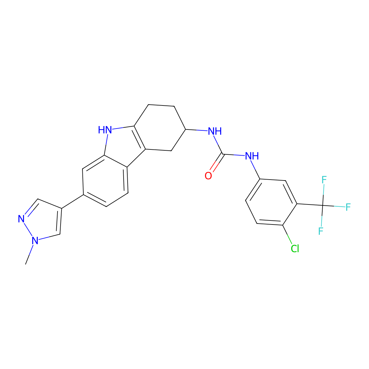 1-(4-chloro-3-(trifluoromethyl)phenyl)-3-(7-(1-methyl-1H-pyrazol-4-yl)-2,3,4,9-tetrahydro-1H-carbazol-3-yl)urea molecular structure, CAS 2379727-88-3