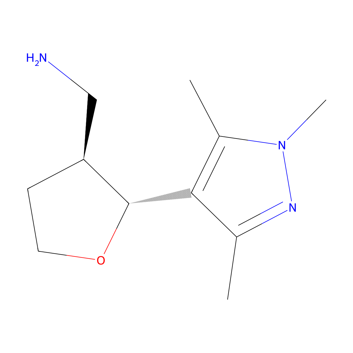 rac-((2R,3S)-2-(trimethyl-1H-pyrazol-4-yl)oxolan-3-yl)methanamine molecular structure, CAS 2379905-36-7