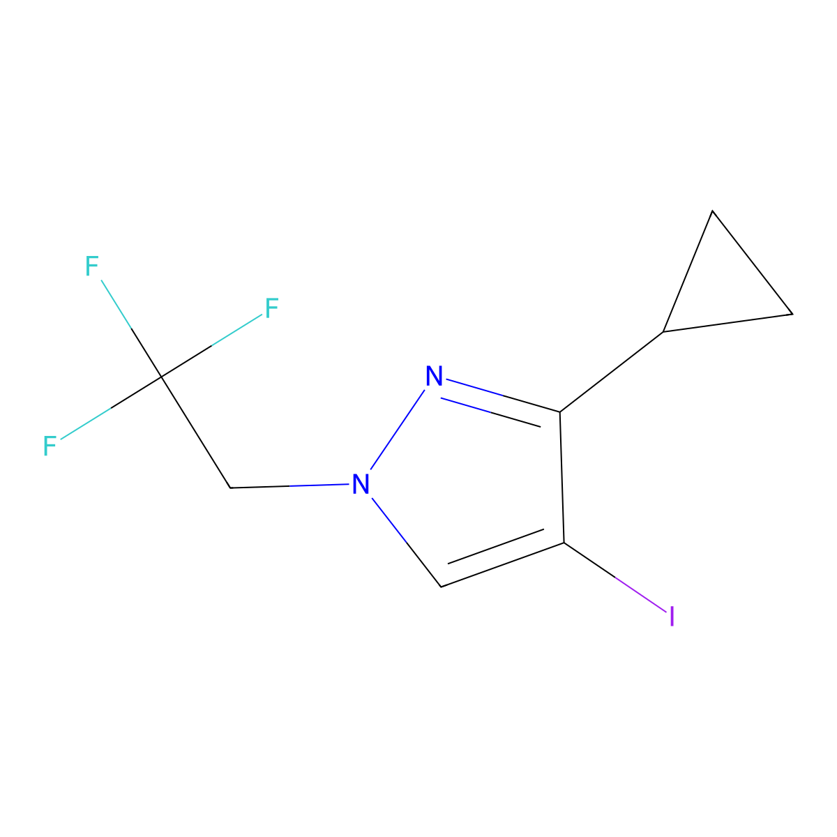 3-cyclopropyl-4-iodo-1-(2,2,2-trifluoroethyl)-1H-pyrazole molecular structure, CAS 2379944-43-9