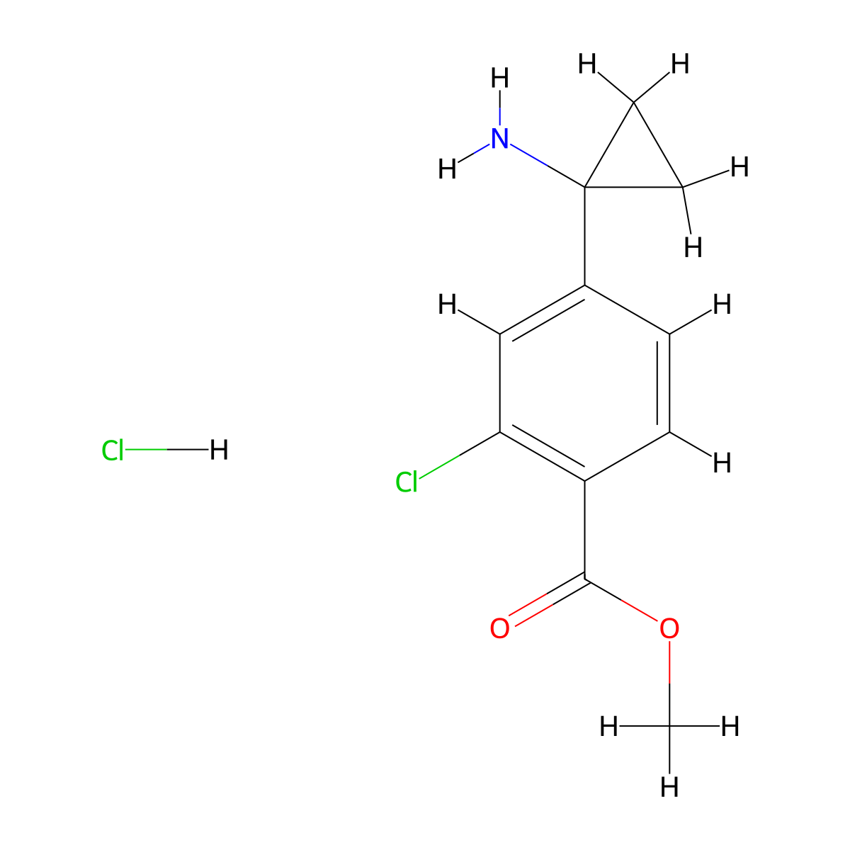 Methyl 4-(1-aminocyclopropyl)-2-chlorobenzoate hydrochloride molecular structure, CAS 2379945-35-2