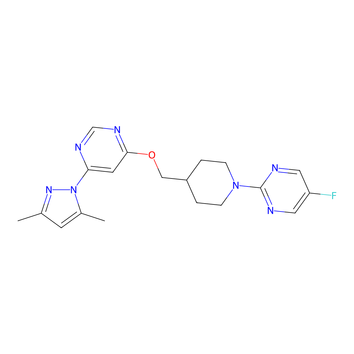 4-(3,5-dimethyl-1H-pyrazol-1-yl)-6-{[1-(5-fluoropyrimidin-2-yl)piperidin-4-yl]methoxy}pyrimidine molecular structure, CAS 2379947-21-2