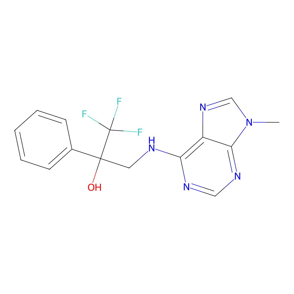 1,1,1-trifluoro-3-[(9-methyl-9H-purin-6-yl)amino]-2-phenylpropan-2-ol molecular structure, CAS 2379947-22-3