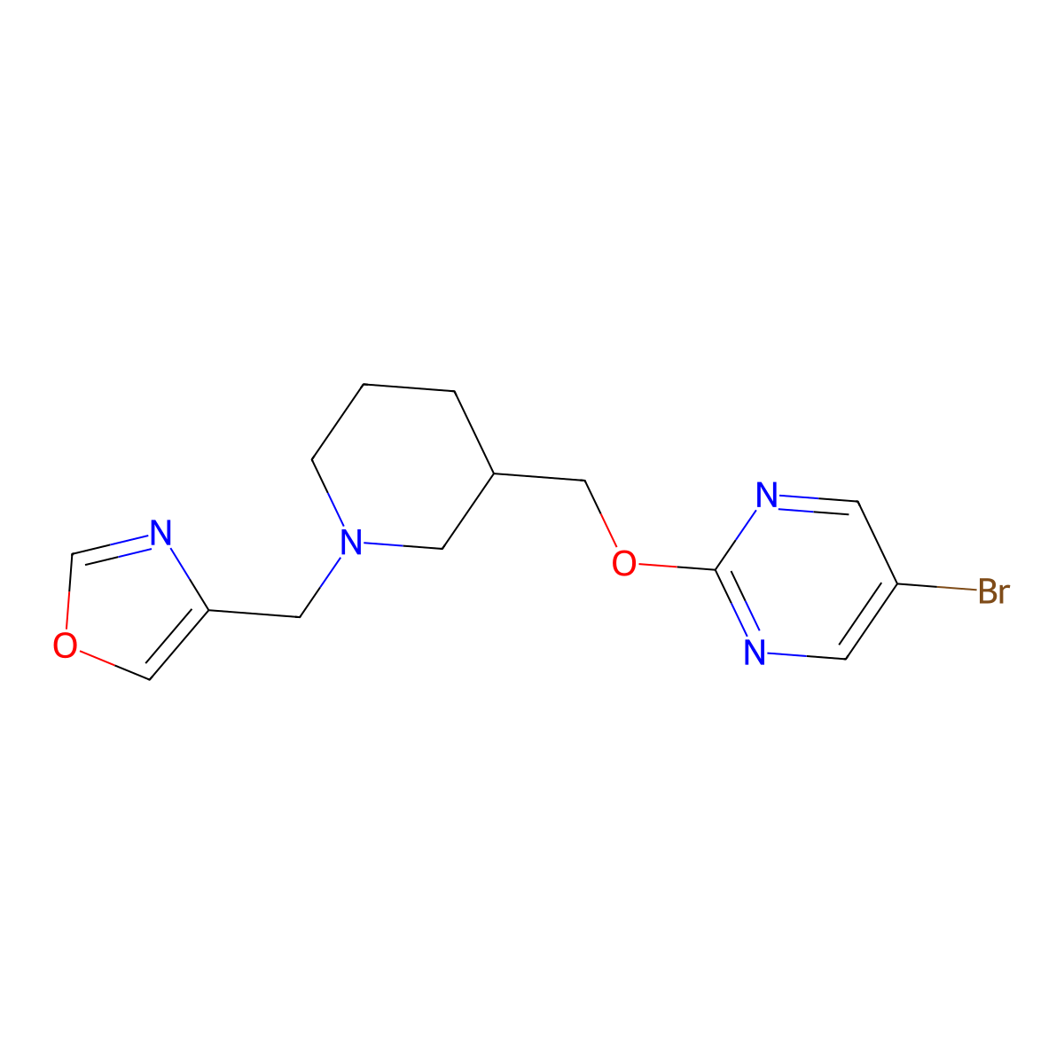 5-Bromo-2-({1-[(1,3-oxazol-4-yl)methyl]piperidin-3-yl}methoxy)pyrimidine molecular structure, CAS 2379947-35-8