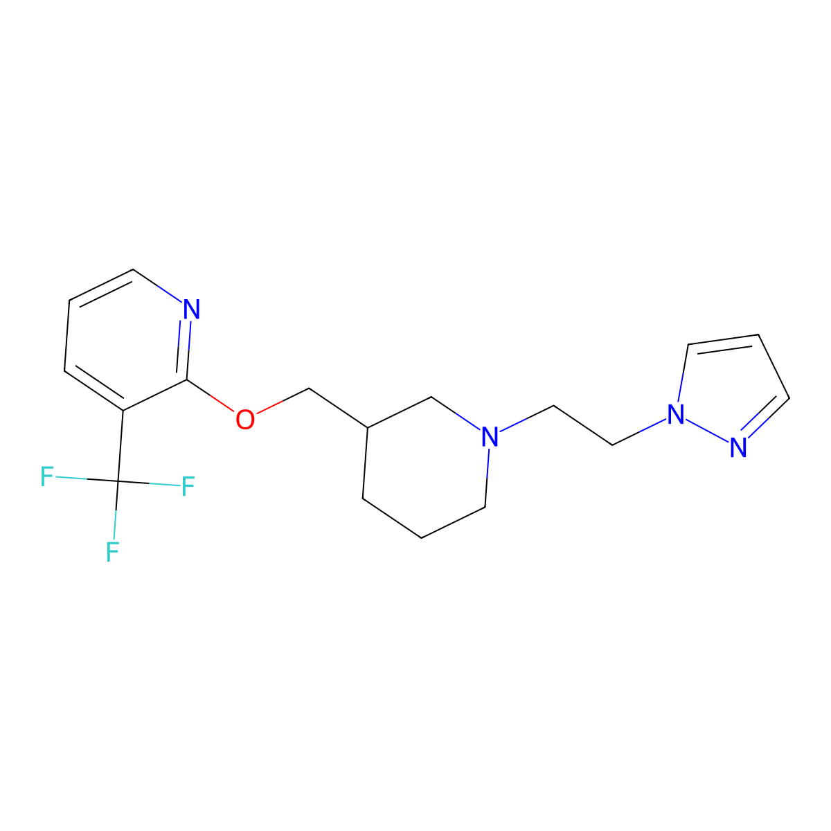 2-({1-[2-(1H-pyrazol-1-yl)ethyl]piperidin-3-yl}methoxy)-3-(trifluoromethyl)pyridine molecular structure, CAS 2379947-41-6