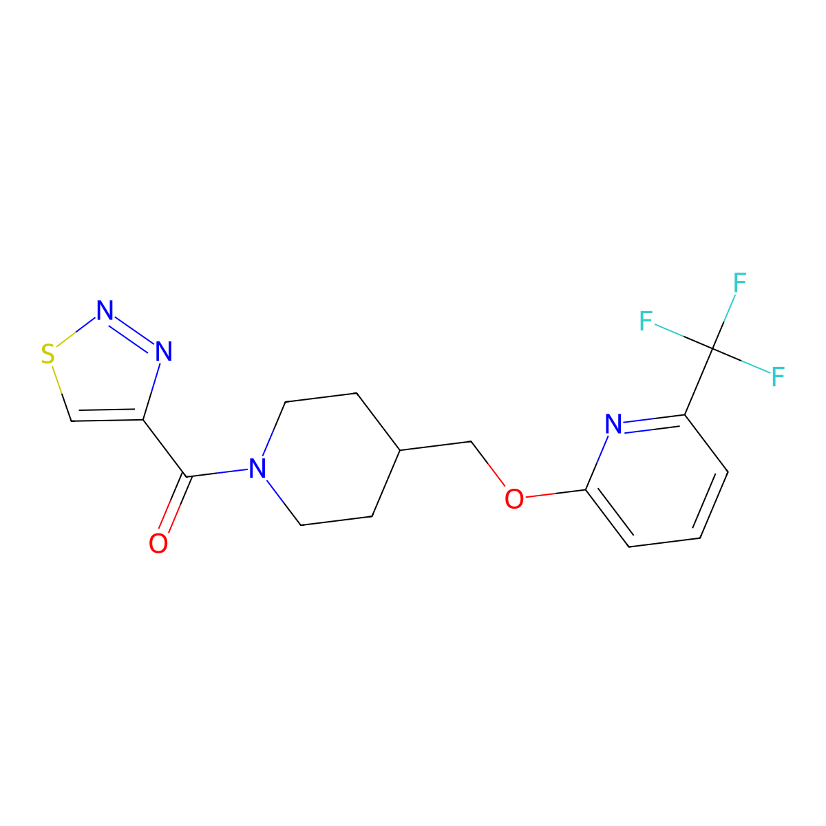 2-{[1-(1,2,3-Thiadiazole-4-carbonyl)piperidin-4-yl]methoxy}-6-(trifluoromethyl)pyridine molecular structure, CAS 2379947-44-9
