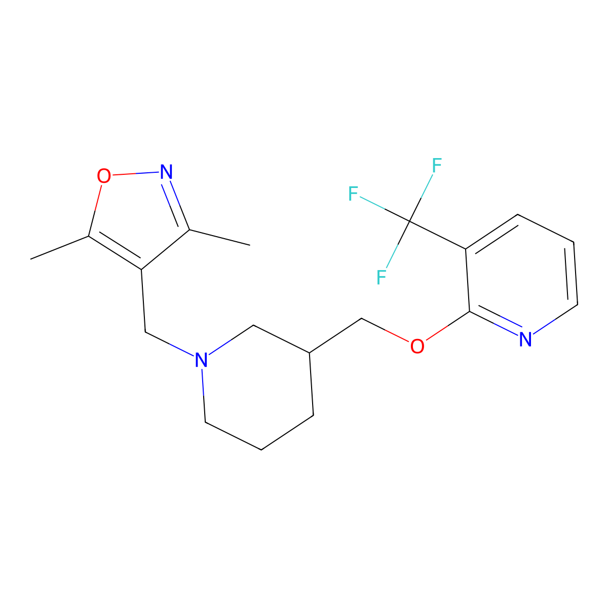 2-({1-[(3,5-Dimethyl-1,2-oxazol-4-yl)methyl]piperidin-3-yl}methoxy)-3-(trifluoromethyl)pyridine molecular structure, CAS 2379947-56-3