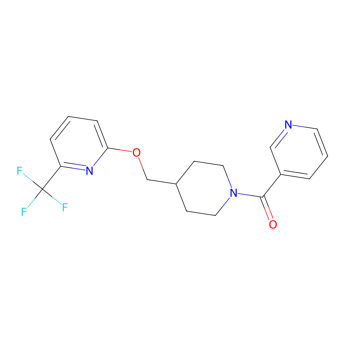 2-{[1-(Pyridine-3-carbonyl)piperidin-4-yl]methoxy}-6-(trifluoromethyl)pyridine molecular structure, CAS 2379947-64-3