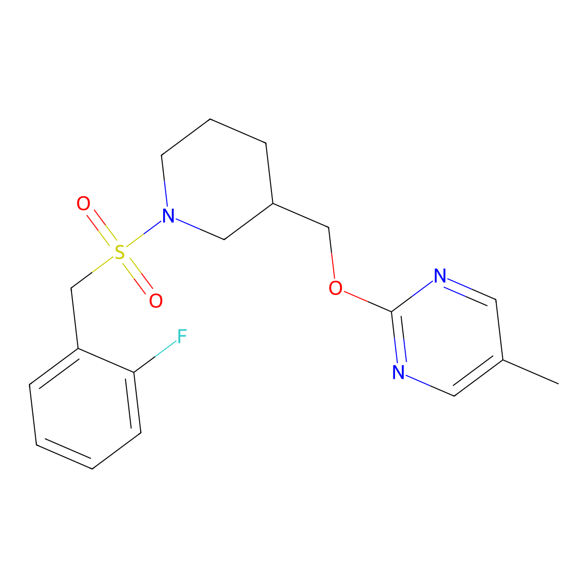 2-({1-[(2-Fluorophenyl)methanesulfonyl]piperidin-3-yl}methoxy)-5-methylpyrimidine molecular structure, CAS 2379947-85-8