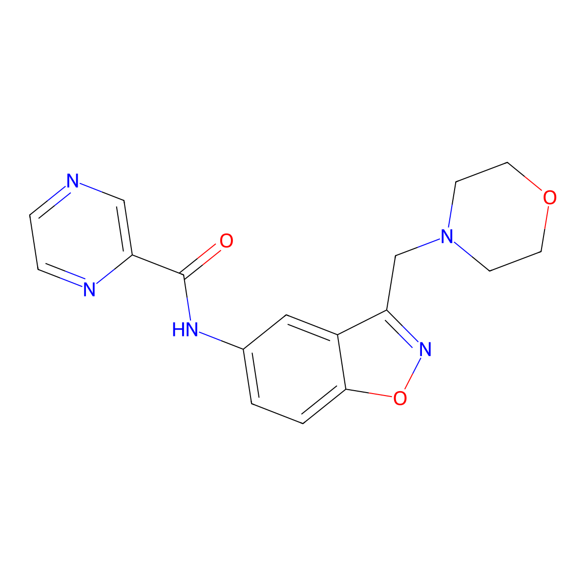 N-{3-[(morpholin-4-yl)methyl]-1,2-benzoxazol-5-yl}pyrazine-2-carboxamide molecular structure, CAS 2379947-86-9