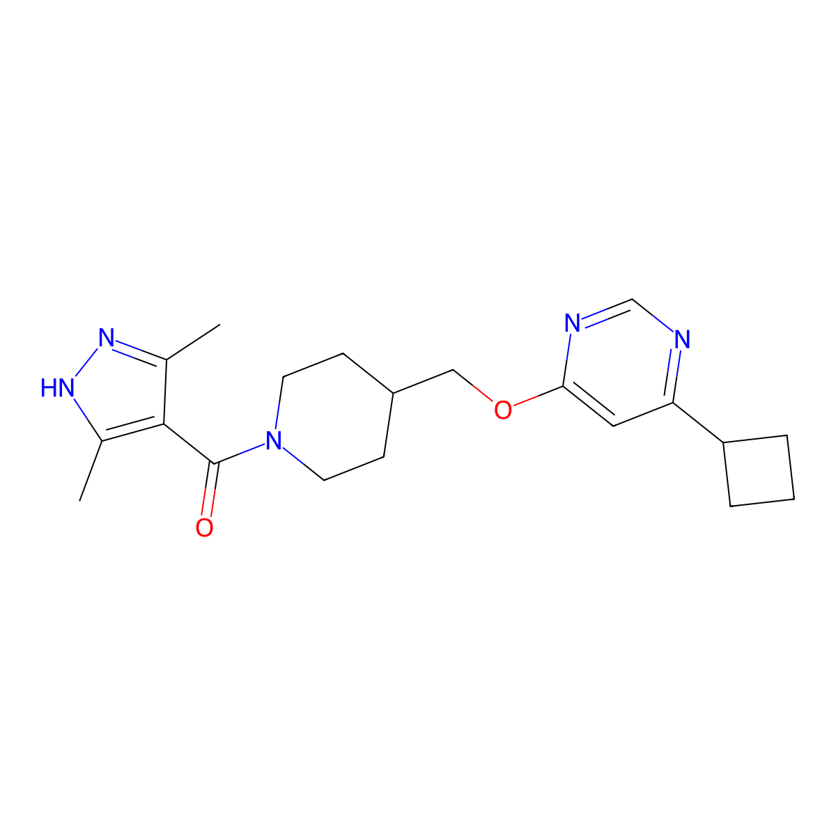 4-cyclobutyl-6-{[1-(3,5-dimethyl-1H-pyrazole-4-carbonyl)piperidin-4-yl]methoxy}pyrimidine molecular structure, CAS 2379947-97-2