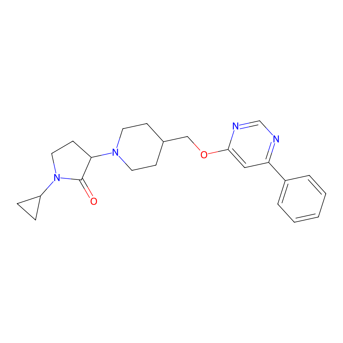 1-Cyclopropyl-3-(4-{[(6-phenylpyrimidin-4-yl)oxy]methyl}piperidin-1-yl)pyrrolidin-2-one molecular structure, CAS 2379948-15-7