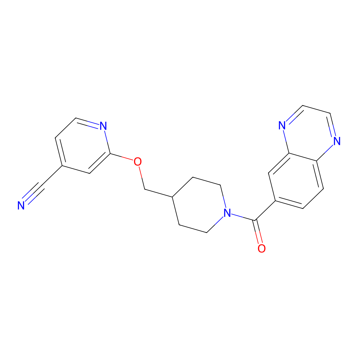 2-{[1-(Quinoxaline-6-carbonyl)piperidin-4-yl]methoxy}pyridine-4-carbonitrile molecular structure, CAS 2379948-30-6