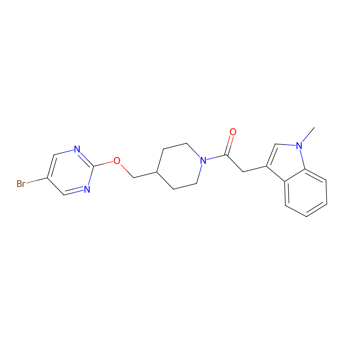 1-(4-{[(5-bromopyrimidin-2-yl)oxy]methyl}piperidin-1-yl)-2-(1-methyl-1H-indol-3-yl)ethan-1-one molecular structure, CAS 2379948-42-0
