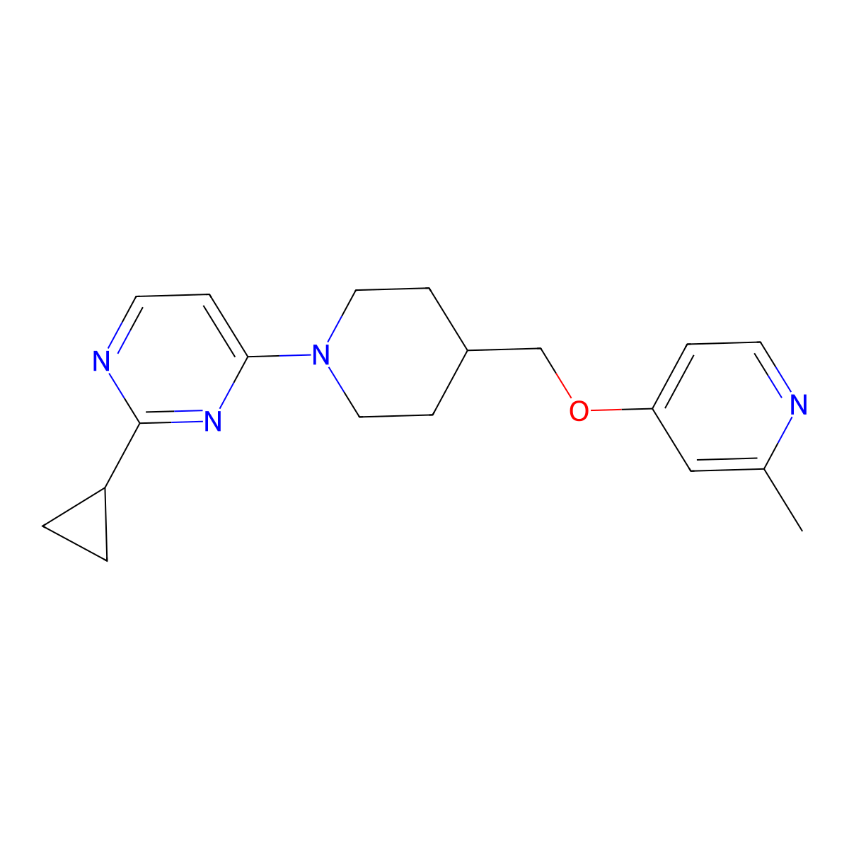 2-Cyclopropyl-4-(4-{[(2-methylpyridin-4-yl)oxy]methyl}piperidin-1-yl)pyrimidine molecular structure, CAS 2379948-43-1