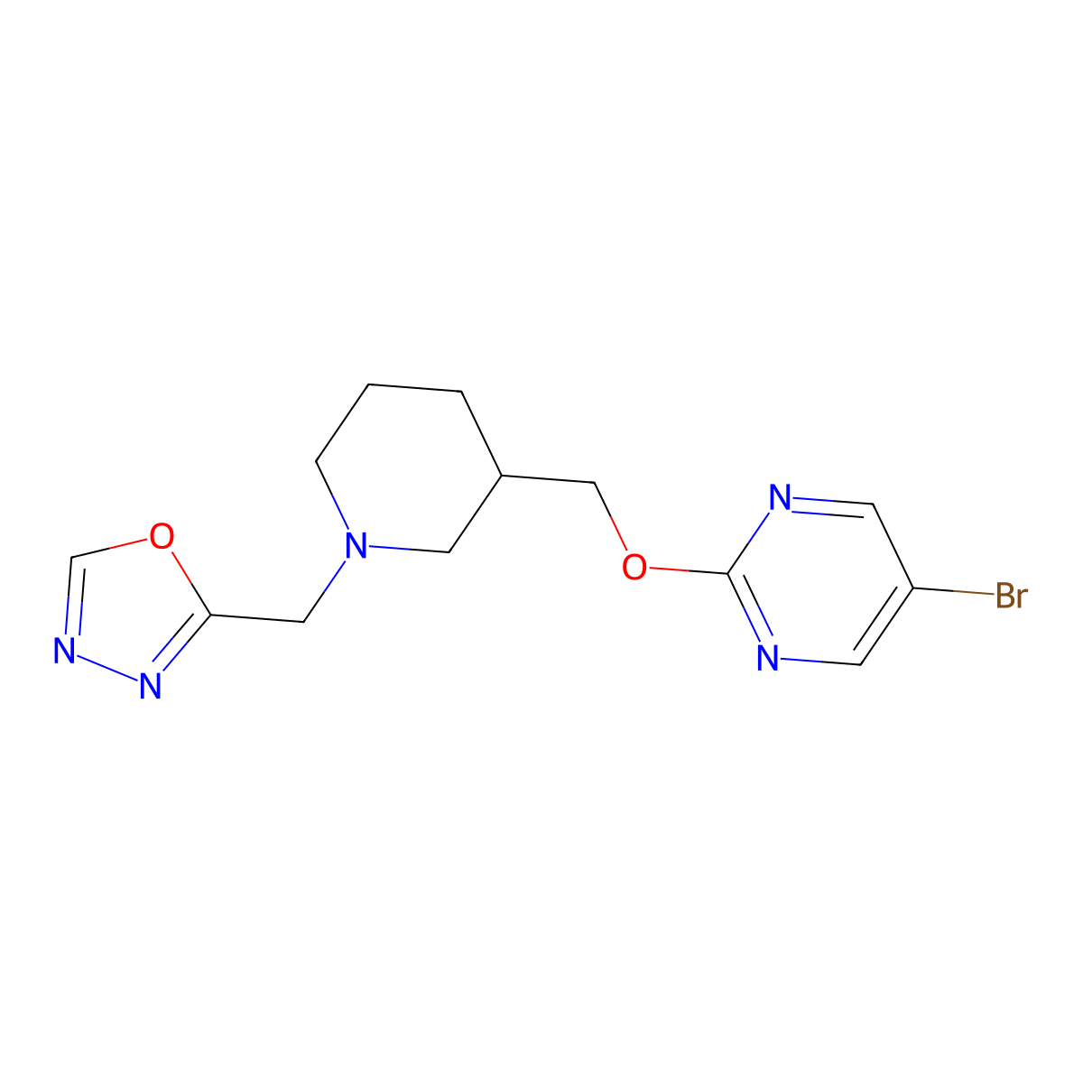 5-Bromo-2-({1-[(1,3,4-oxadiazol-2-yl)methyl]piperidin-3-yl}methoxy)pyrimidine molecular structure, CAS 2379948-51-1