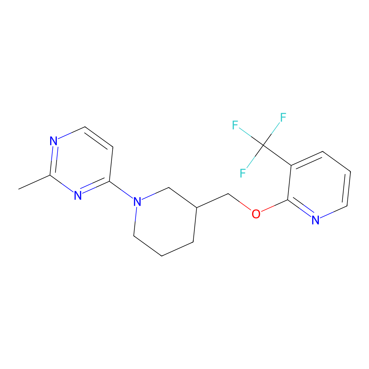 2-Methyl-4-[3-({[3-(trifluoromethyl)pyridin-2-yl]oxy}methyl)piperidin-1-yl]pyrimidine molecular structure, CAS 2379948-56-6