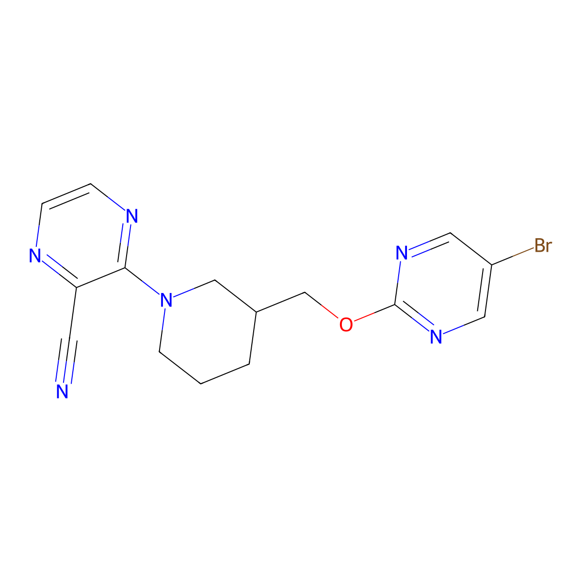3-(3-{[(5-Bromopyrimidin-2-yl)oxy]methyl}piperidin-1-yl)pyrazine-2-carbonitrile molecular structure, CAS 2379948-84-0