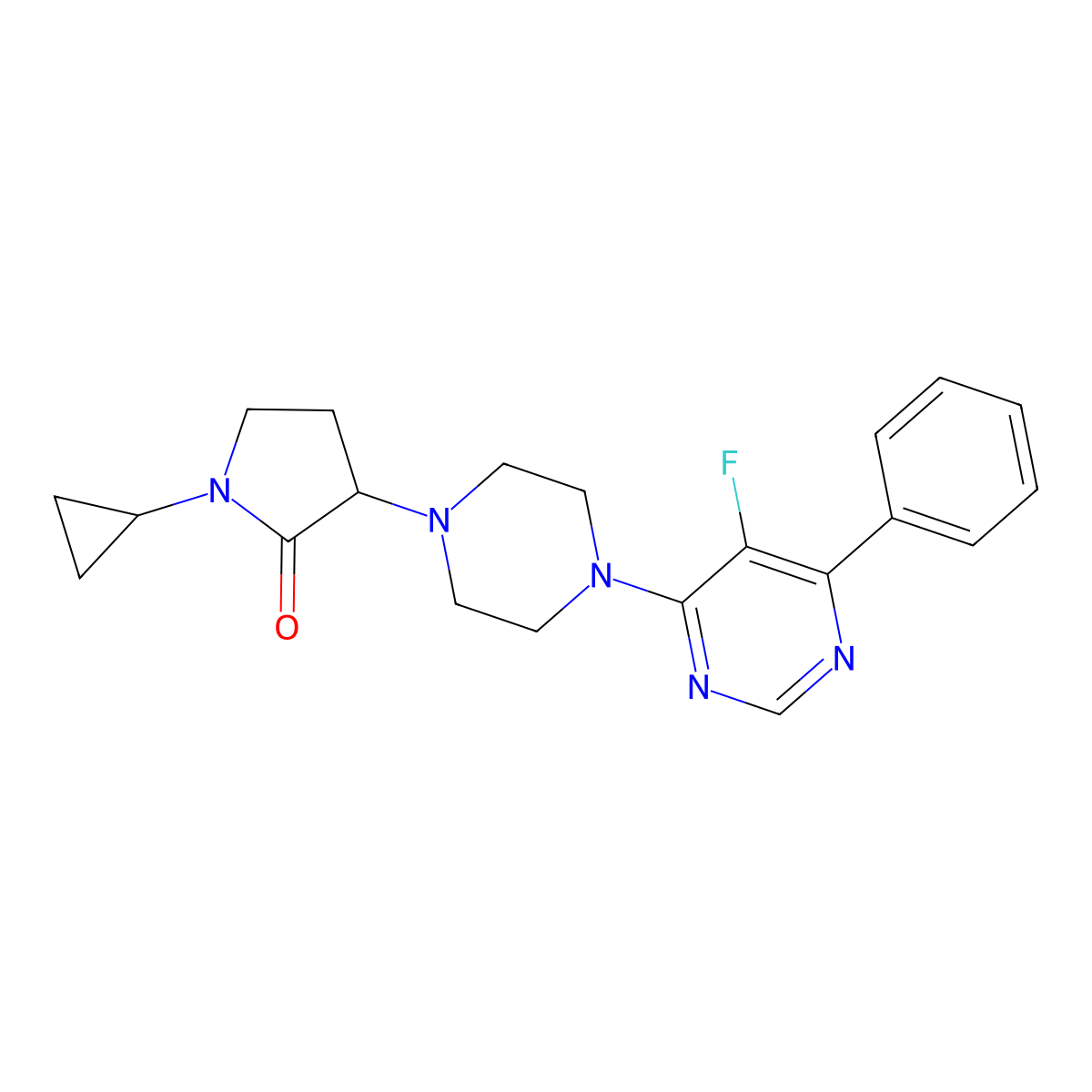 1-Cyclopropyl-3-[4-(5-fluoro-6-phenylpyrimidin-4-yl)piperazin-1-yl]pyrrolidin-2-one molecular structure, CAS 2379948-85-1