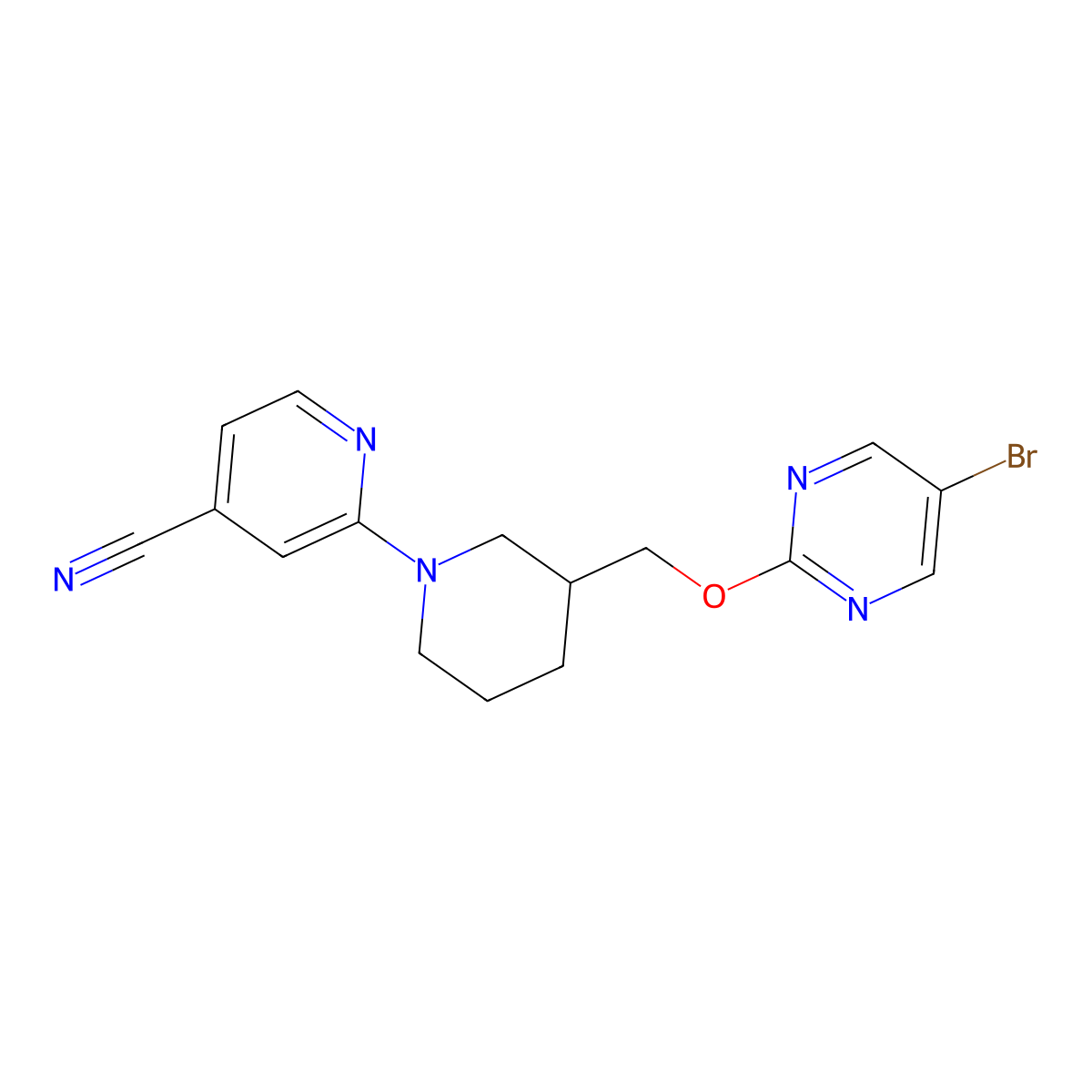 2-(3-{[(5-Bromopyrimidin-2-yl)oxy]methyl}piperidin-1-yl)pyridine-4-carbonitrile molecular structure, CAS 2379948-97-5