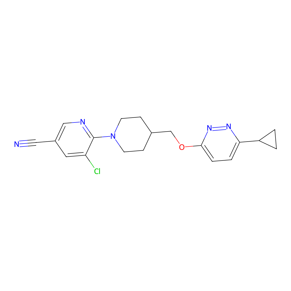 5-Chloro-6-(4-{[(6-cyclopropylpyridazin-3-yl)oxy]methyl}piperidin-1-yl)pyridine-3-carbonitrile molecular structure, CAS 2379949-05-8