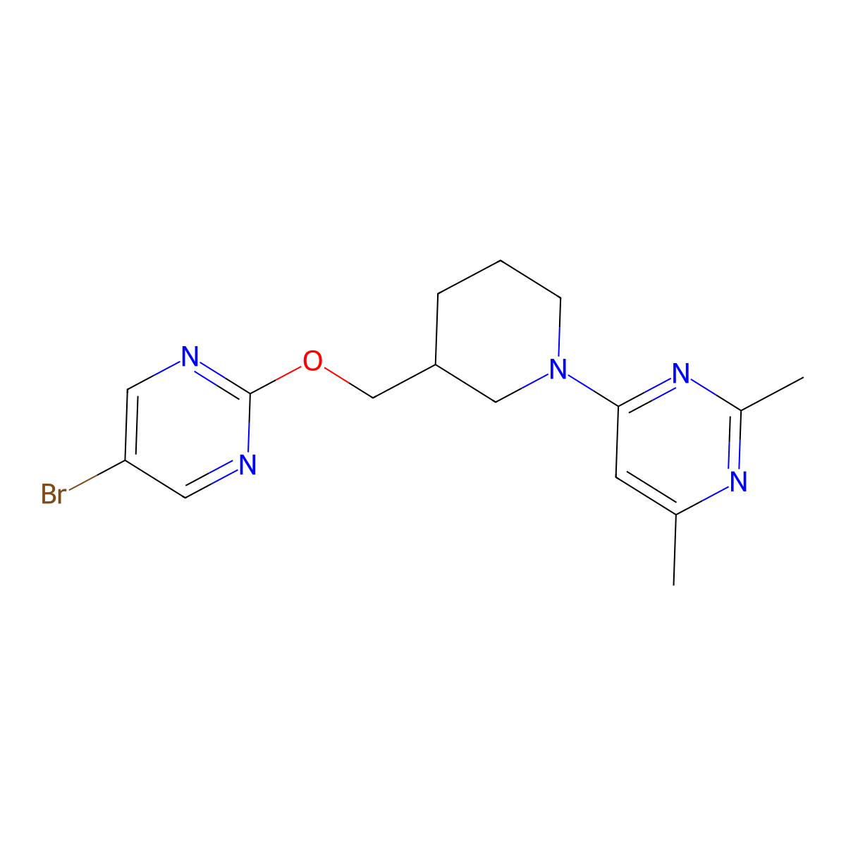 4-(3-{[(5-Bromopyrimidin-2-yl)oxy]methyl}piperidin-1-yl)-2,6-dimethylpyrimidine molecular structure, CAS 2379949-14-9