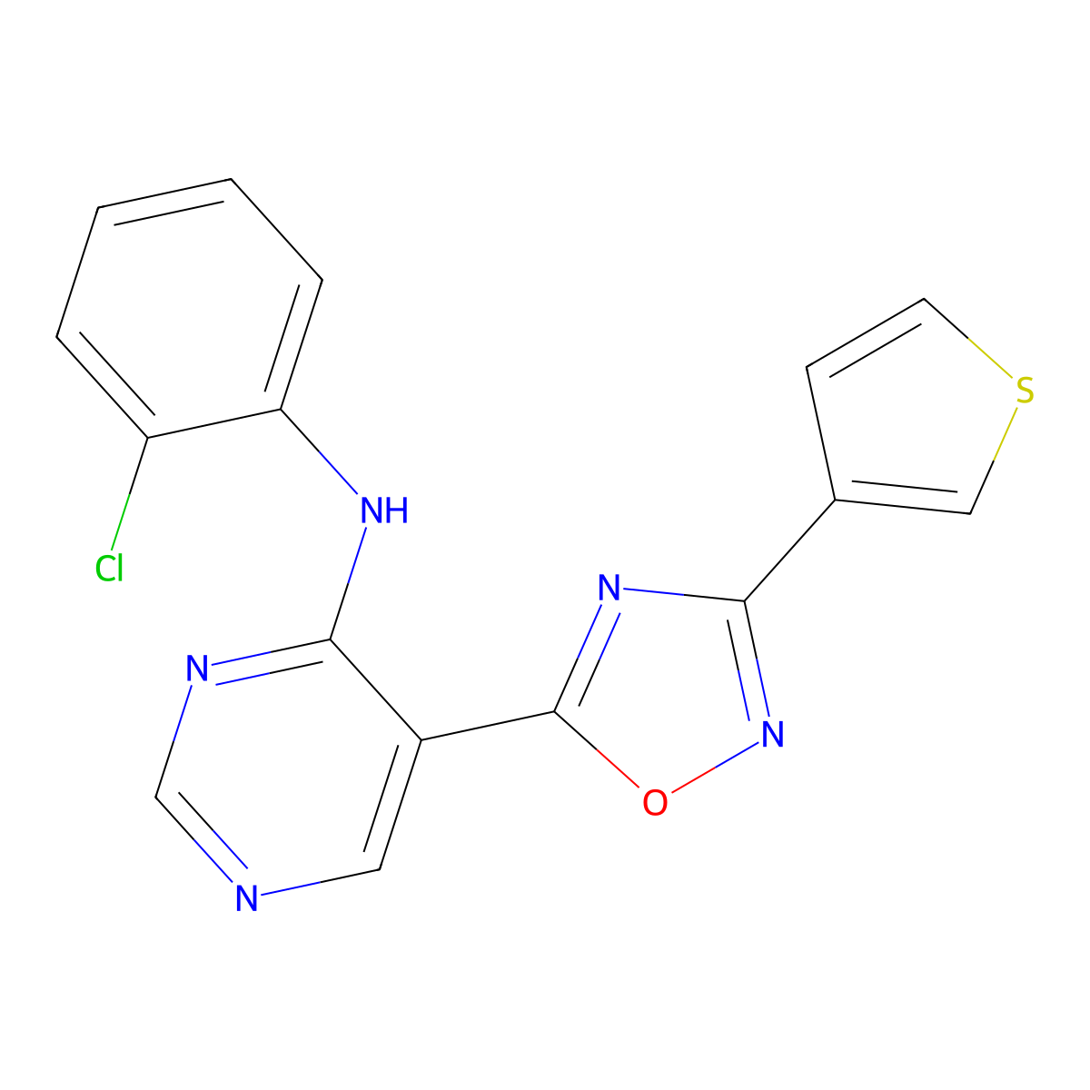 N-(2-chlorophenyl)-5-[3-(thiophen-3-yl)-1,2,4-oxadiazol-5-yl]pyrimidin-4-amine molecular structure, CAS 2379949-17-2