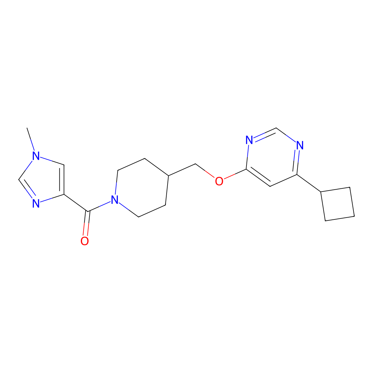 4-cyclobutyl-6-{[1-(1-methyl-1H-imidazole-4-carbonyl)piperidin-4-yl]methoxy}pyrimidine molecular structure, CAS 2379949-67-2