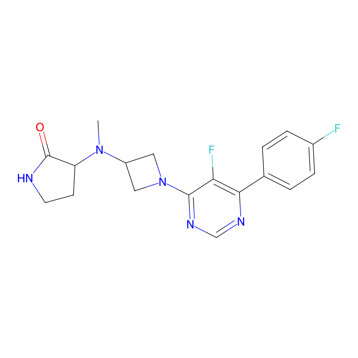 3-({1-[5-Fluoro-6-(4-fluorophenyl)pyrimidin-4-yl]azetidin-3-yl}(methyl)amino)pyrrolidin-2-one molecular structure, CAS 2379949-75-2