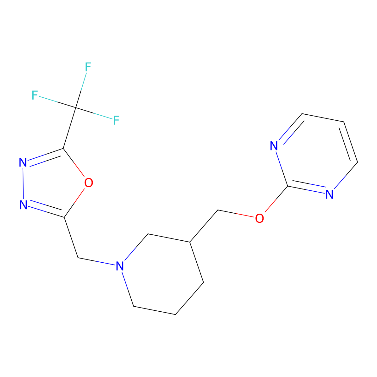 2-[(1-{[5-(Trifluoromethyl)-1,3,4-oxadiazol-2-yl]methyl}piperidin-3-yl)methoxy]pyrimidine molecular structure, CAS 2379950-18-0