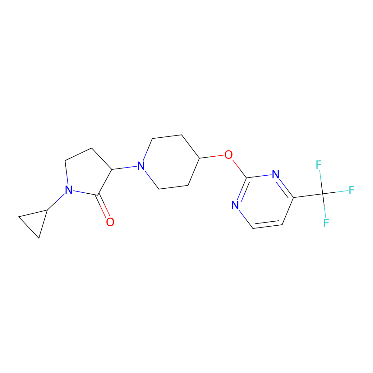 1-Cyclopropyl-3-(4-{[4-(trifluoromethyl)pyrimidin-2-yl]oxy}piperidin-1-yl)pyrrolidin-2-one molecular structure, CAS 2379950-37-3