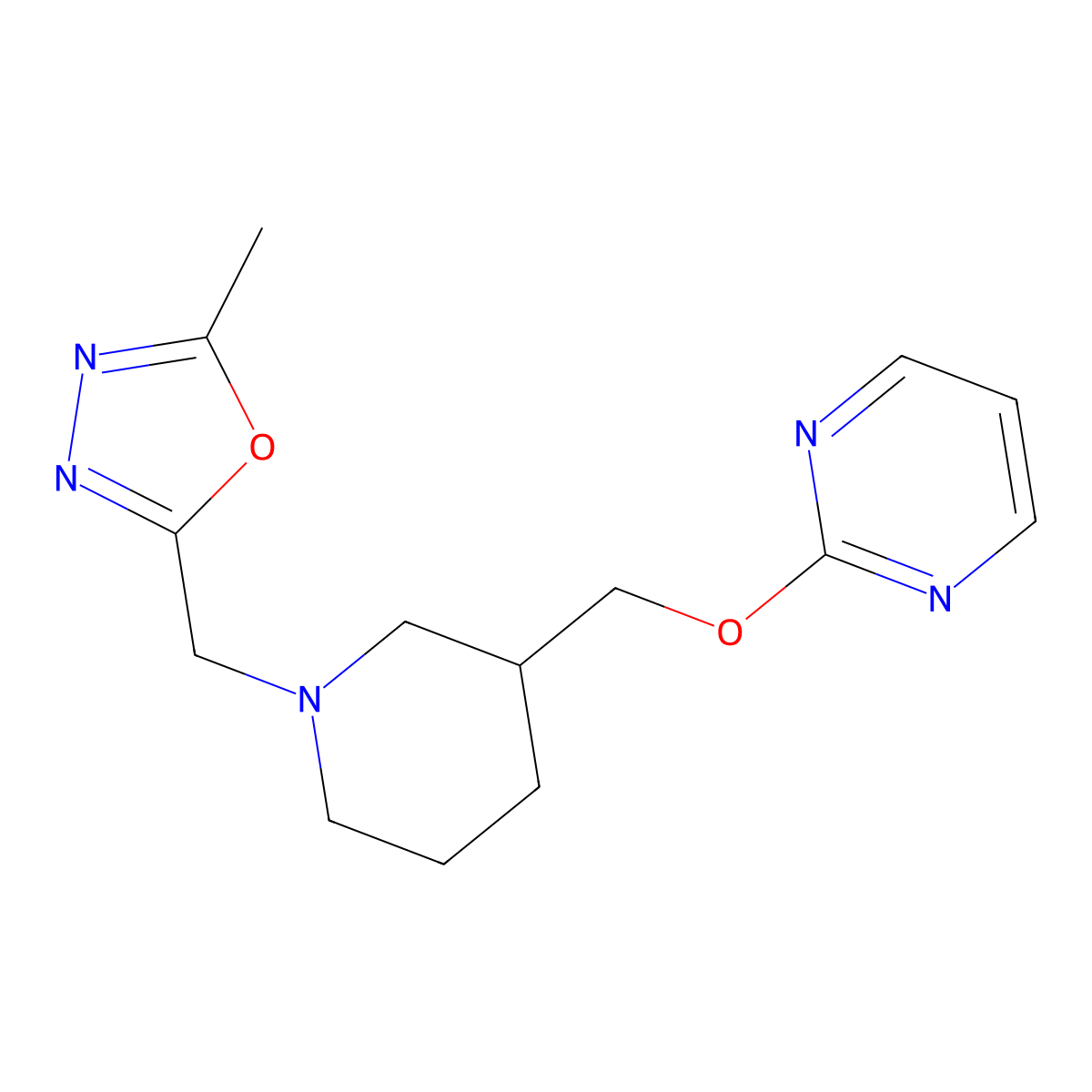 2-({1-[(5-Methyl-1,3,4-oxadiazol-2-yl)methyl]piperidin-3-yl}methoxy)pyrimidine molecular structure, CAS 2379950-40-8