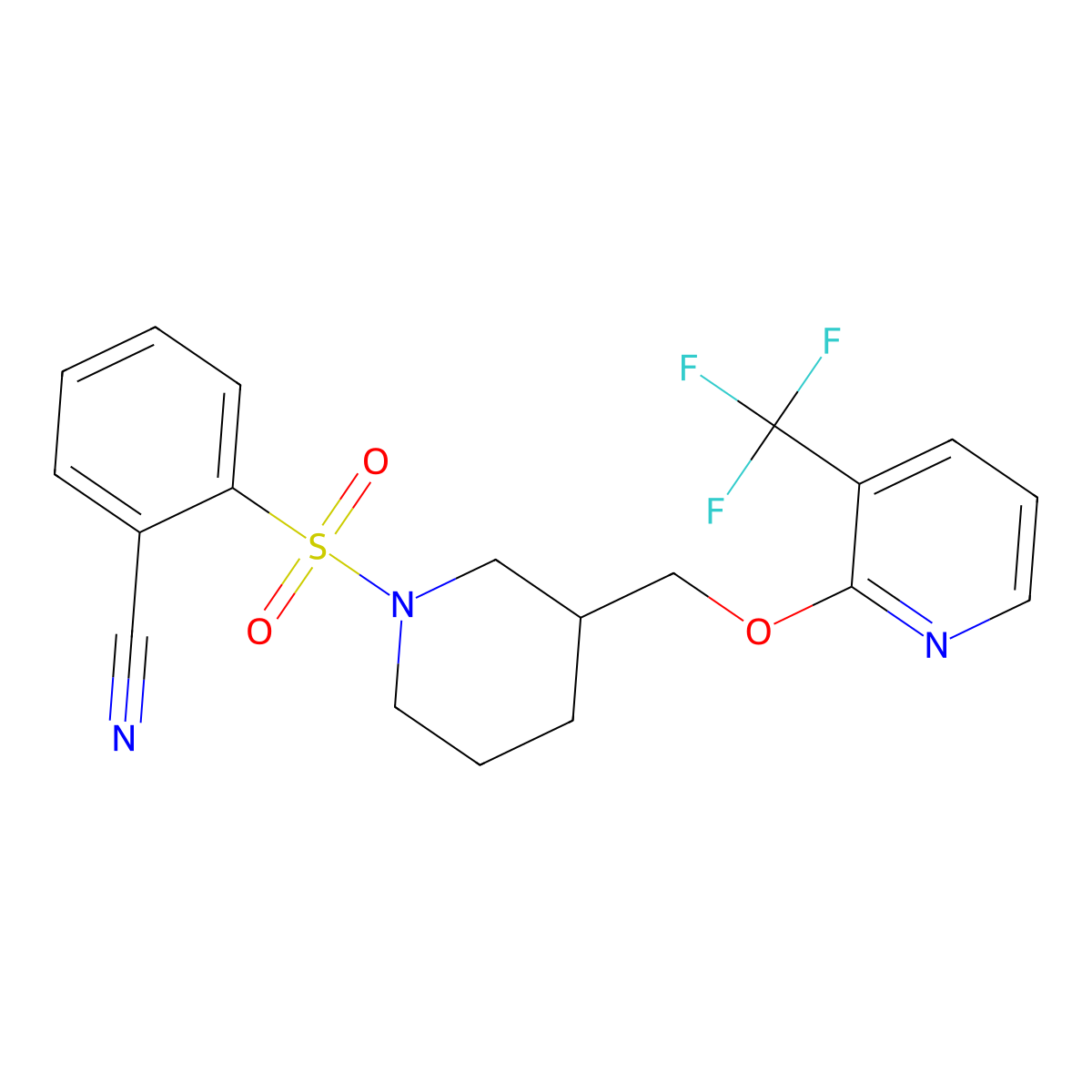 2-{[3-({[3-(Trifluoromethyl)pyridin-2-yl]oxy}methyl)piperidin-1-yl]sulfonyl}benzonitrile molecular structure, CAS 2379950-51-1