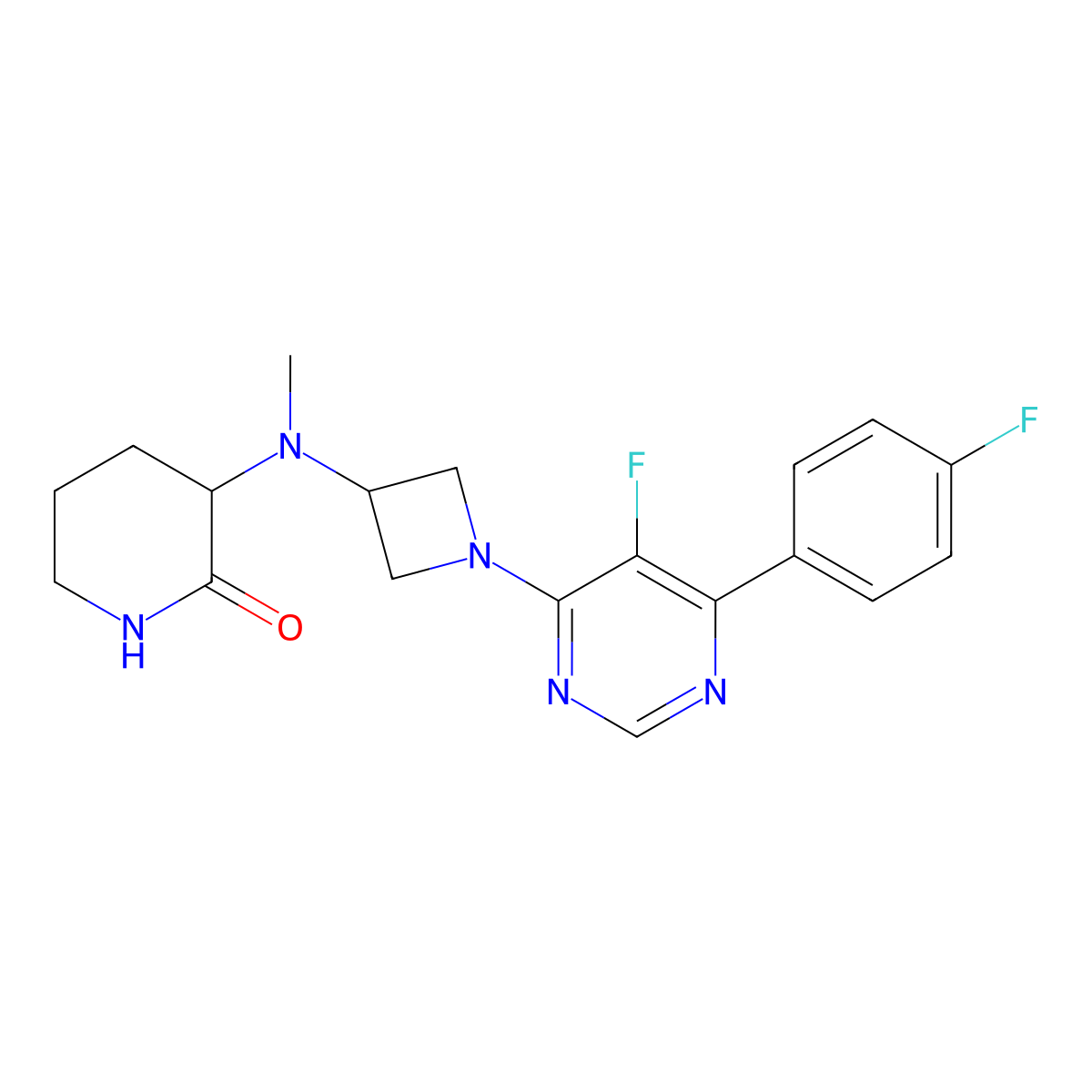 3-({1-[5-Fluoro-6-(4-fluorophenyl)pyrimidin-4-yl]azetidin-3-yl}(methyl)amino)piperidin-2-one molecular structure, CAS 2379950-55-5