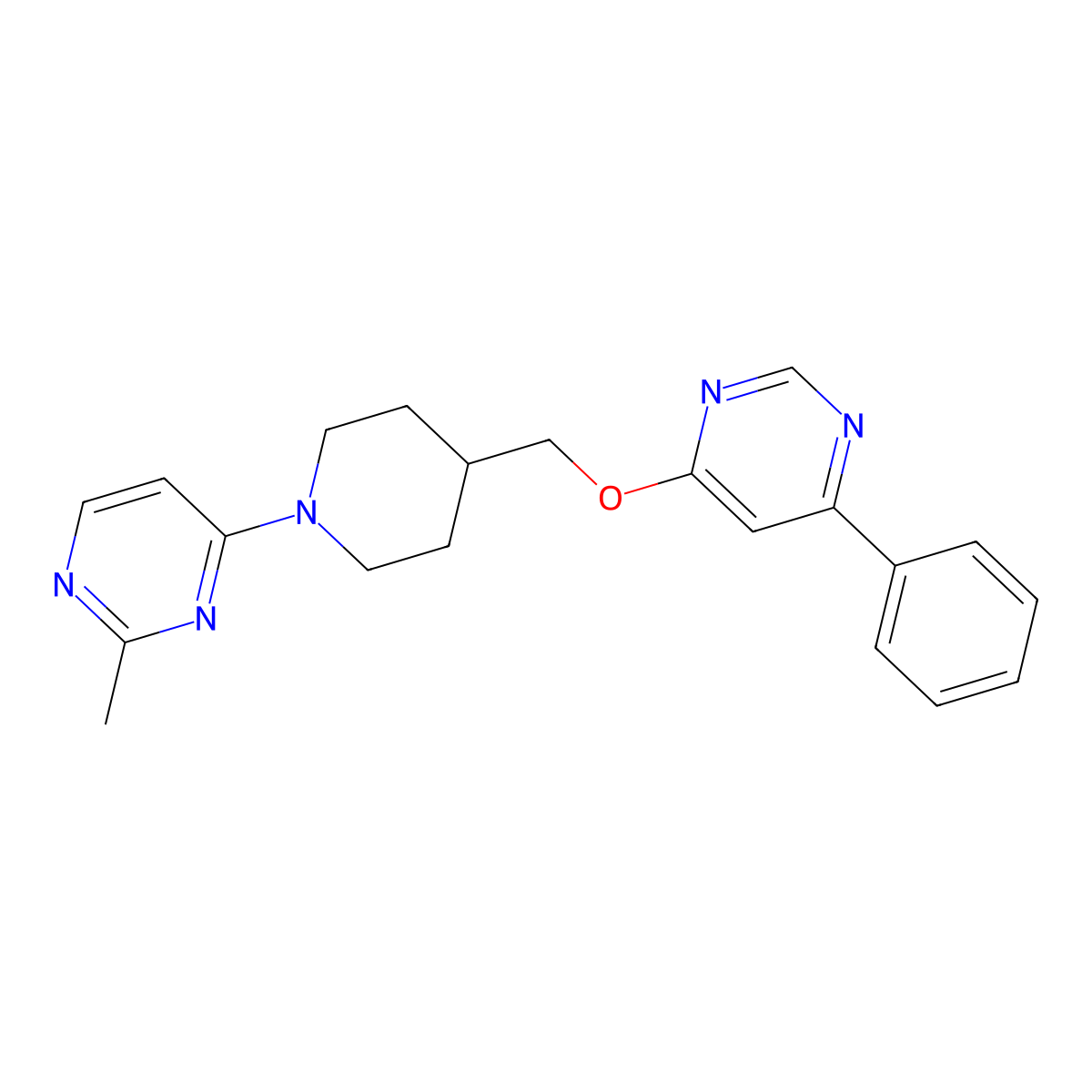 2-Methyl-4-(4-{[(6-phenylpyrimidin-4-yl)oxy]methyl}piperidin-1-yl)pyrimidine molecular structure, CAS 2379950-59-9