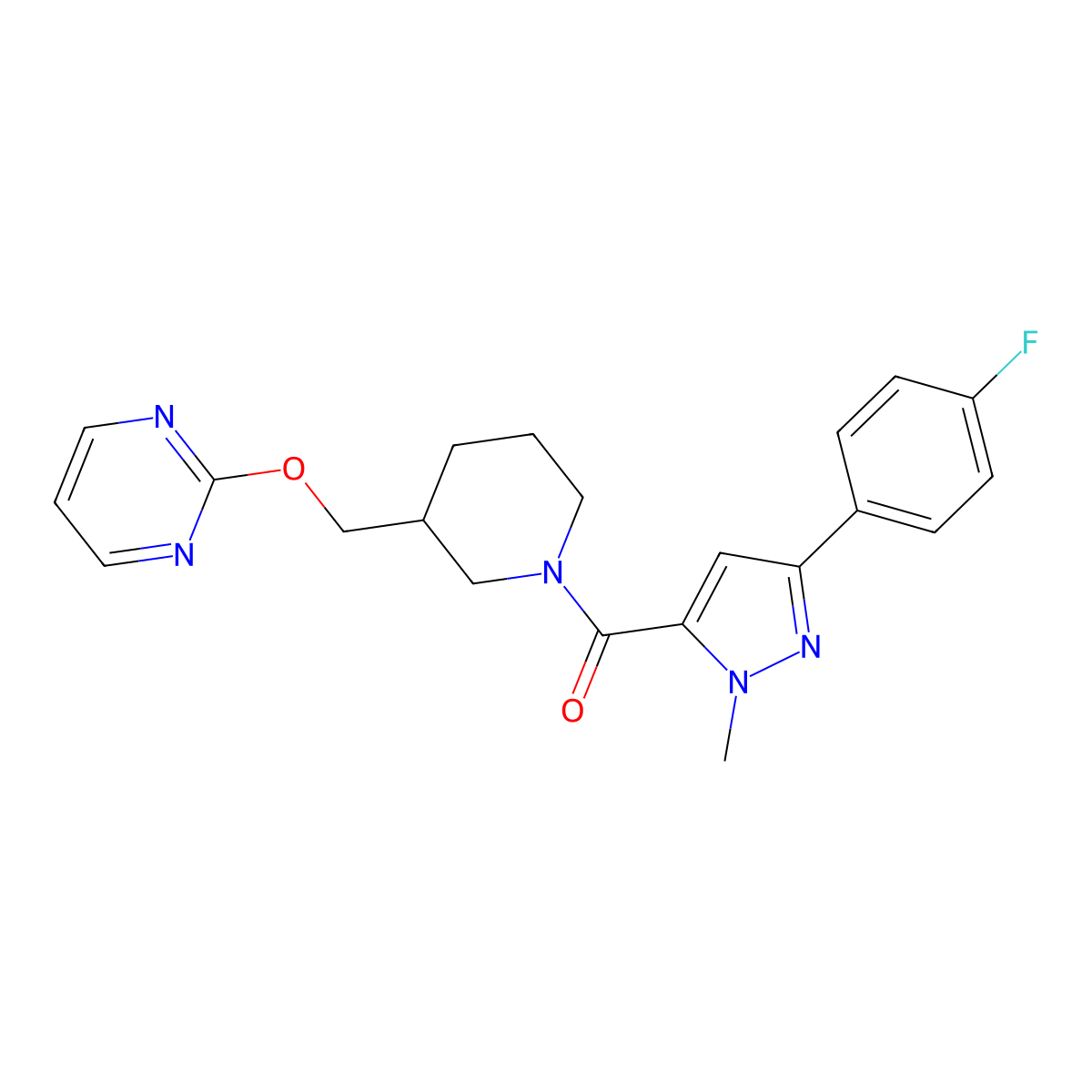 2-({1-[3-(4-fluorophenyl)-1-methyl-1H-pyrazole-5-carbonyl]piperidin-3-yl}methoxy)pyrimidine molecular structure, CAS 2379950-63-5