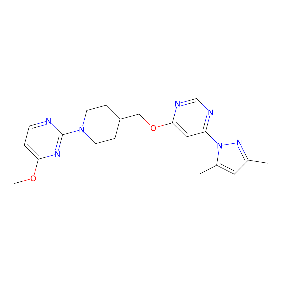 2-[4-({[6-(3,5-dimethyl-1H-pyrazol-1-yl)pyrimidin-4-yl]oxy}methyl)piperidin-1-yl]-4-methoxypyrimidine molecular structure, CAS 2379950-64-6